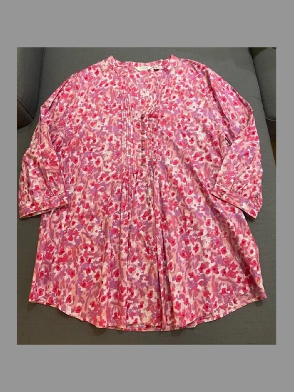 Liz Claiborne NY Pink Purple Floral Pintuck Cotton Tunic Blouse Top Size XL NWOT